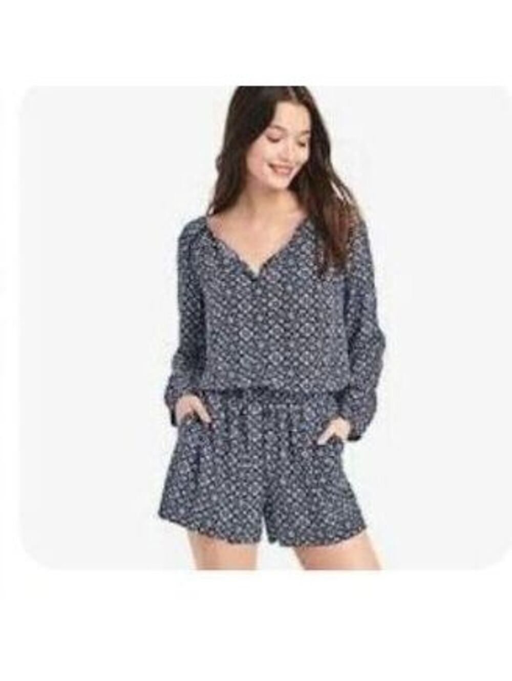 Gap Long Sleeve Button-Front Romper in Blue Paisley Print, Size Small‎